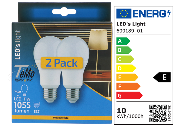 2 STÜCK (VPE) SHADA LED Classic E27, 1055lm, 9,5 Watt, Warmweiss 2700K, A60 Opal, EEC: E (0600189GB2)